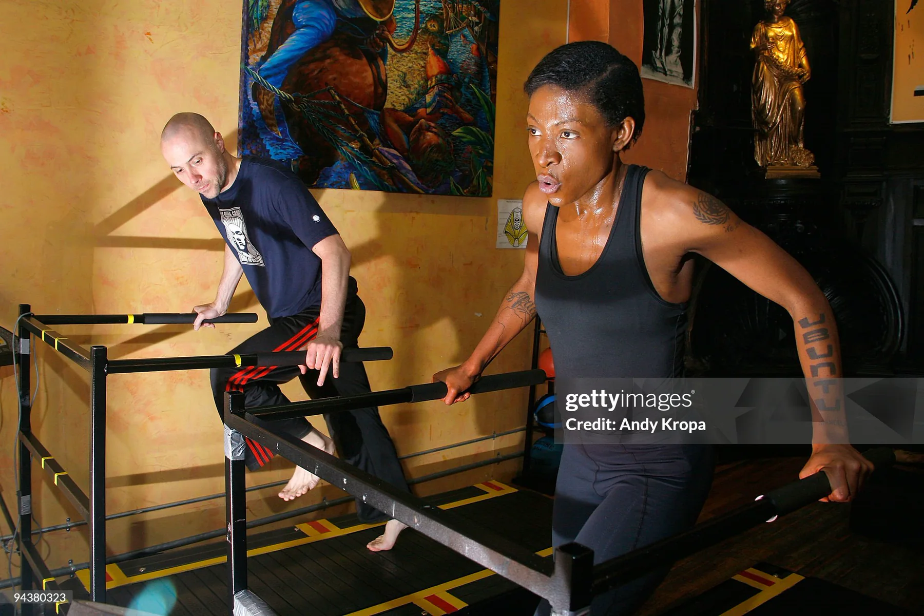 Africa Yoon training with movement practitioner Daniel Giel on treadmills